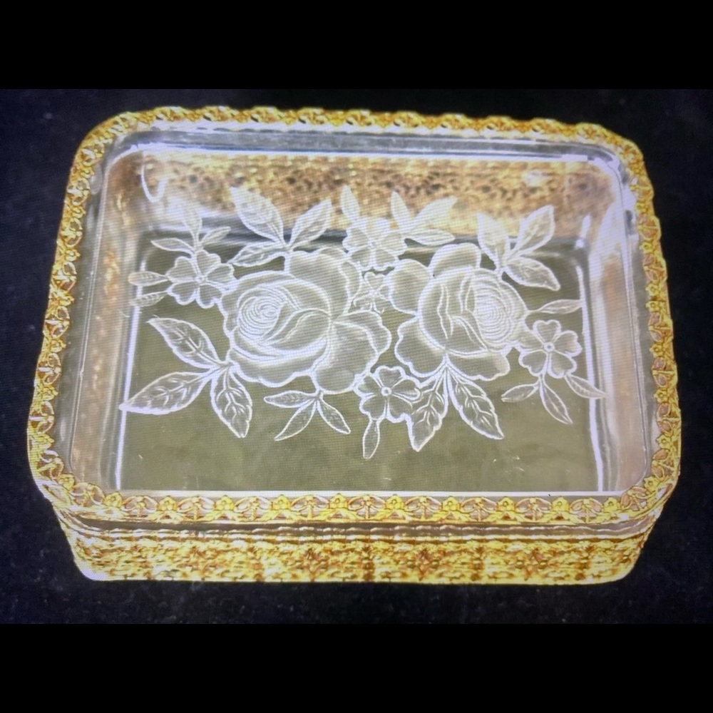 Antique Crystal French Box Etched Roses in Gilt 6”